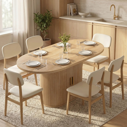 🍽️ MESA DE COMEDOR OVALADA ROBLE 140 CM – CON ALMACENAJE INTEGRADO Y ESTILO FARMHOUSE