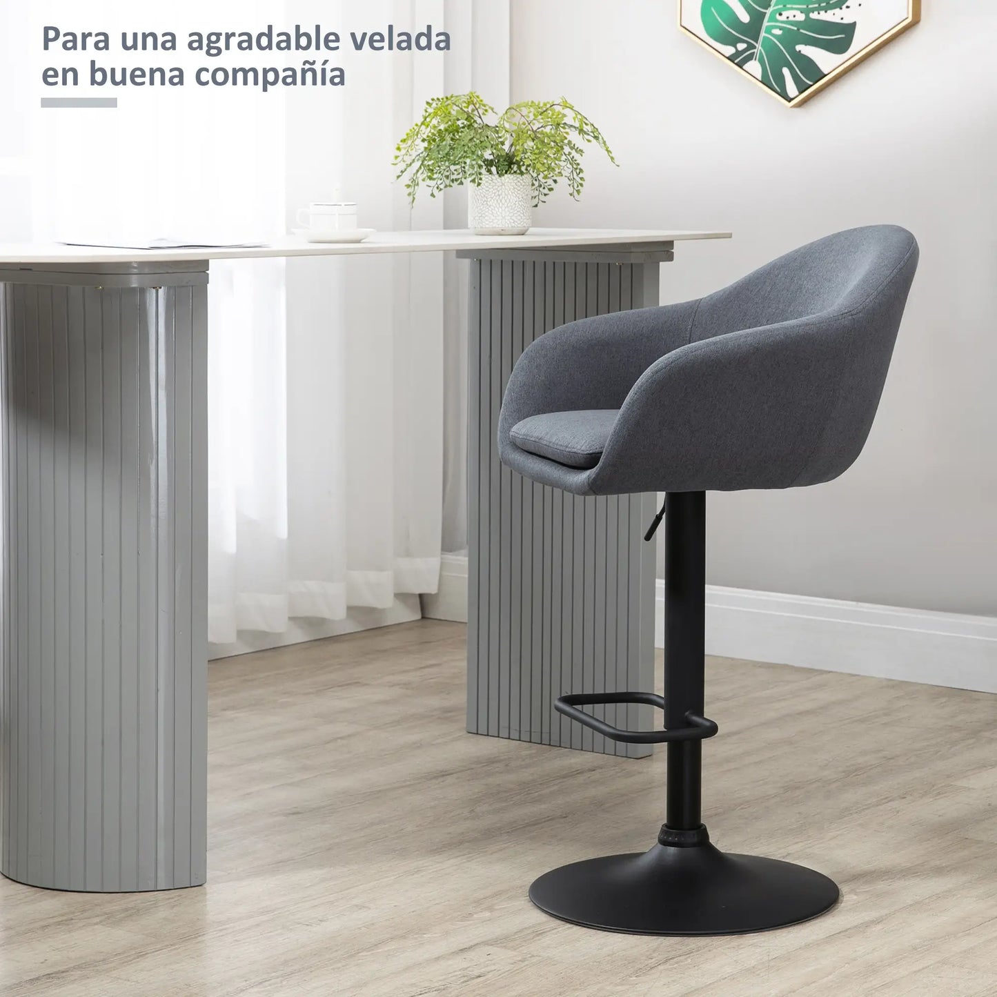 🪑 Taburete de Bar Regulable Tapizado en Tela Gris Oscuro – Giratorio 360° con Reposapiés y Base de Acero