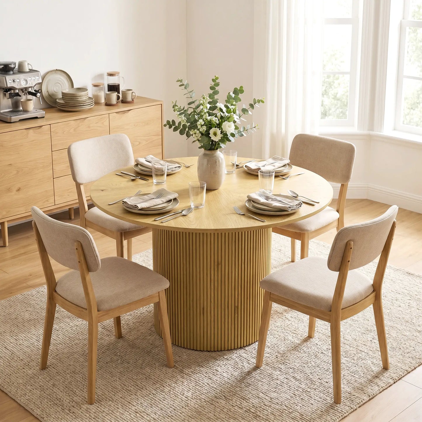 🪵 MESA DE COMEDOR REDONDA ROBLE 110 CM – DISEÑO MODERNO CON PEDESTAL ACANALADO