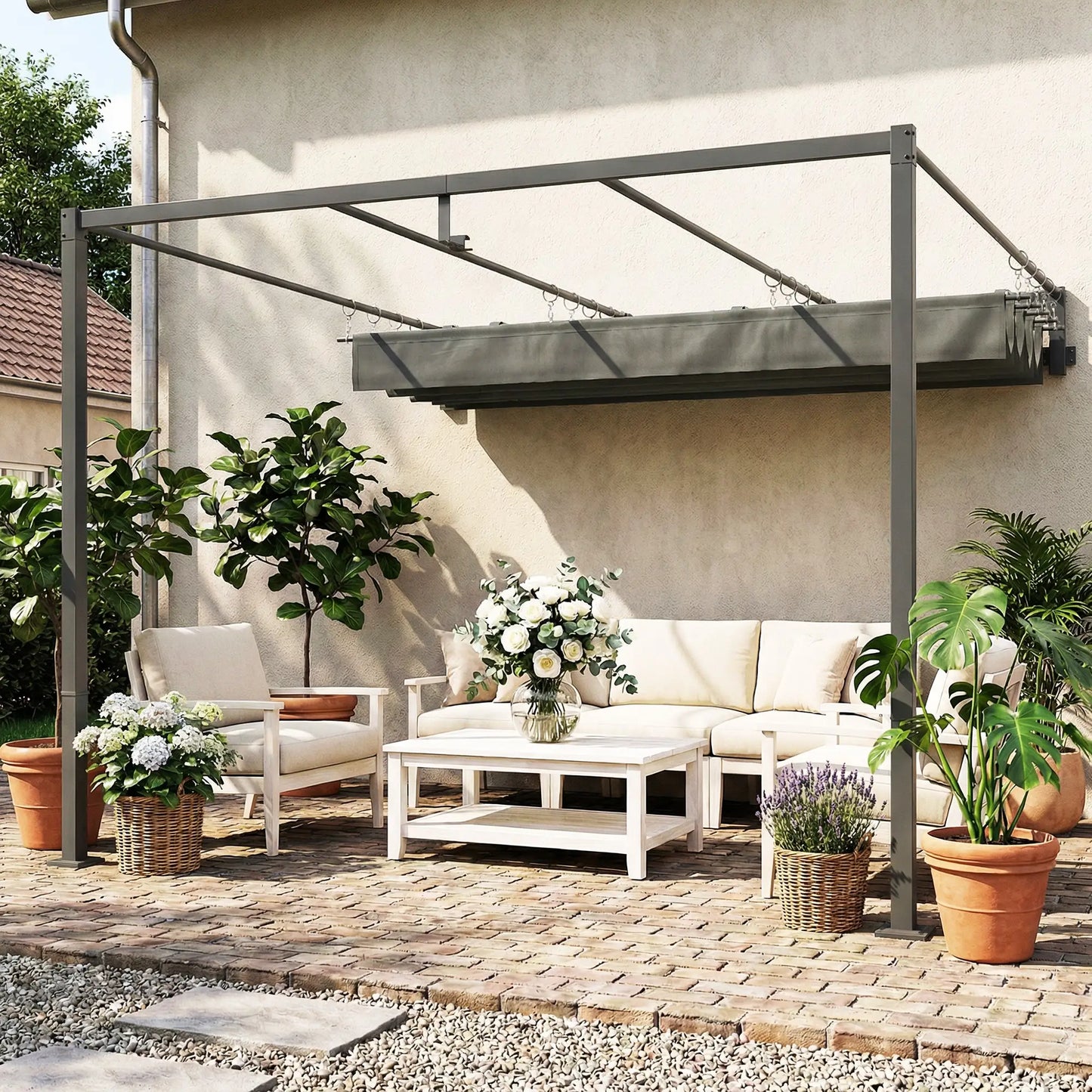 🌿 PÉRGOLA DE PARED “URBANOVA” 3x3m – TECHO RETRÁCTIL Y DISEÑO MODERNO