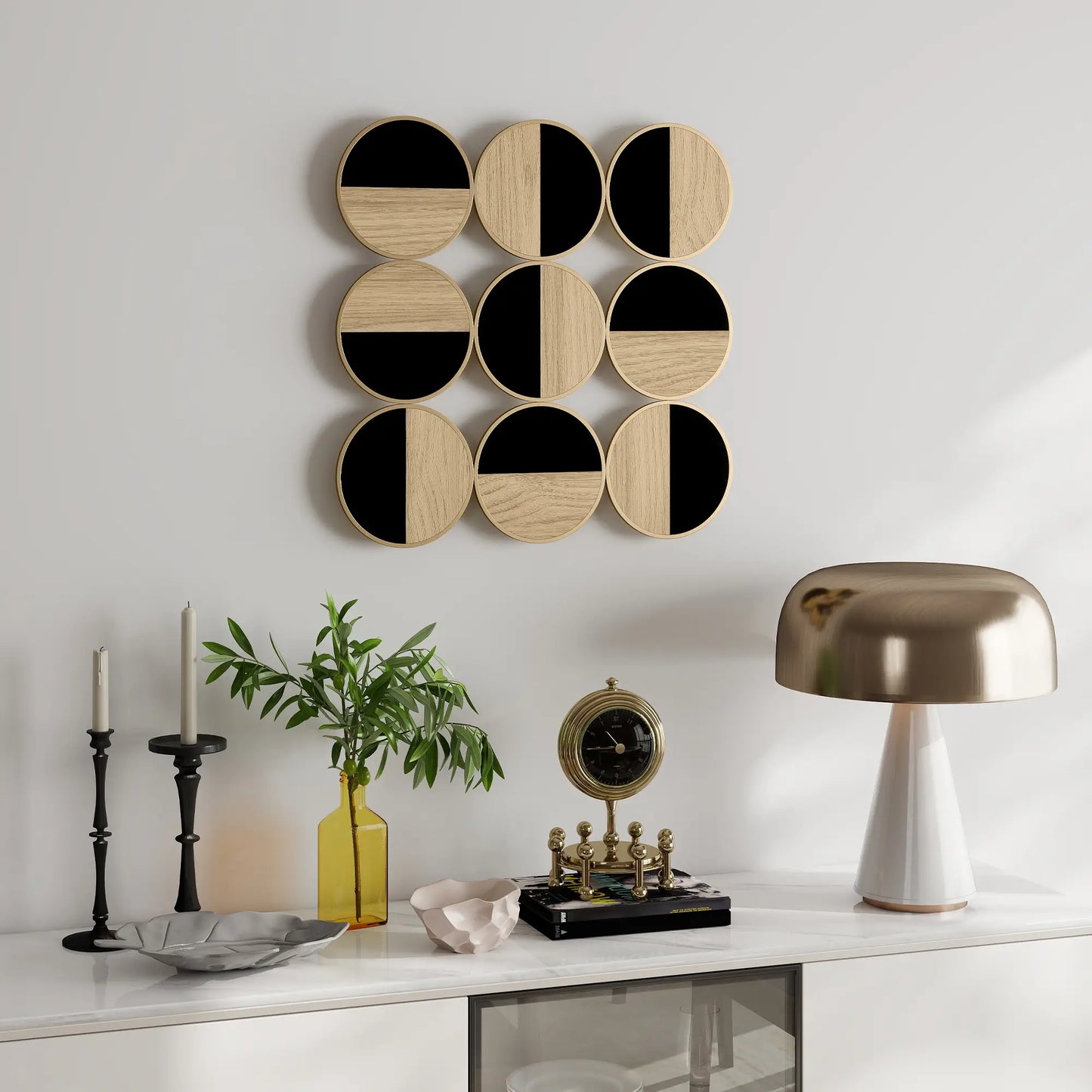 🖼️ CUADRO DECORATIVO DE PARED GEOMÉTRICO 3D 60 × 60 CM – DISEÑO MODERNO CON EFECTO MADERA, ESPEJO Y NEGRO
