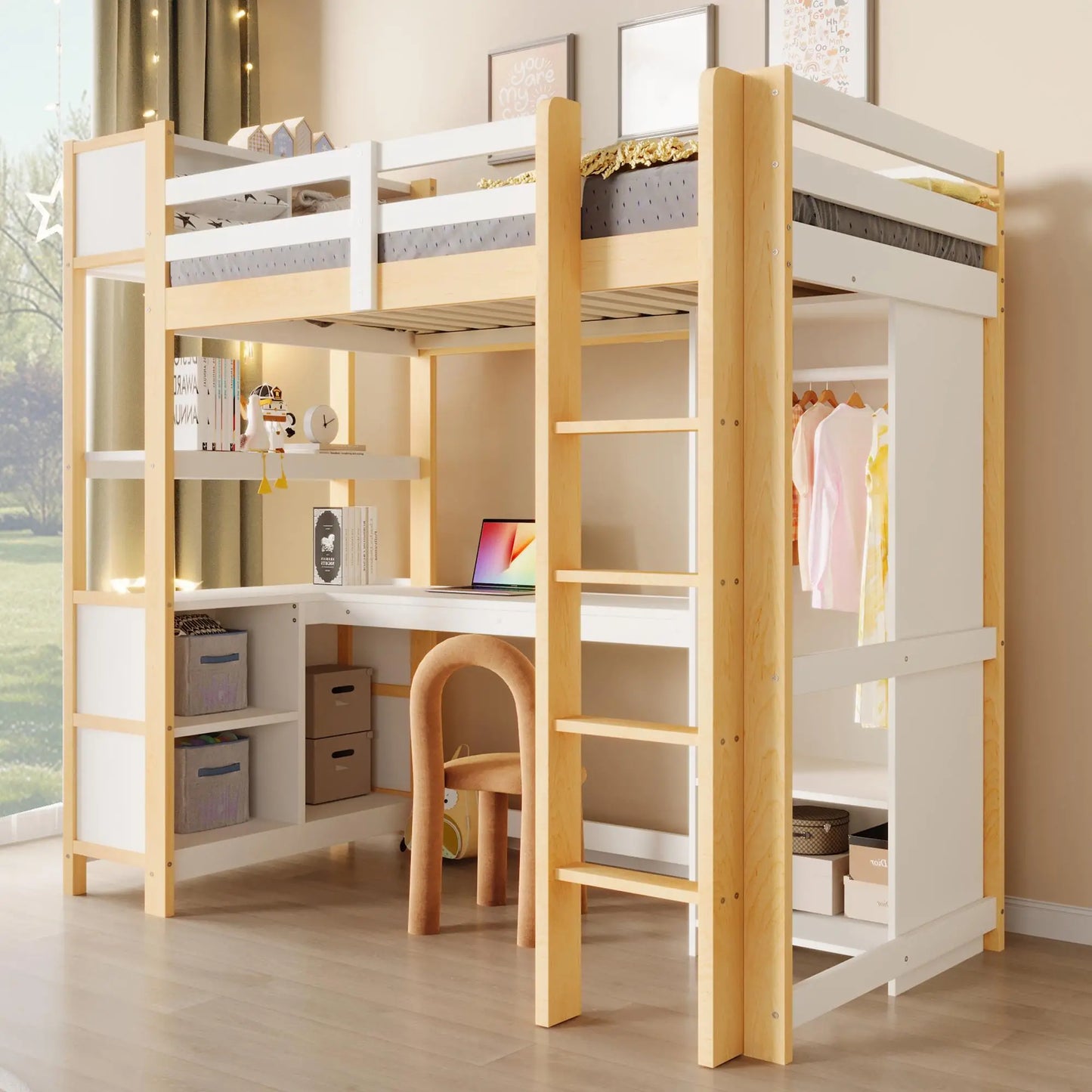 🛏️ CAMA ALTA INFANTIL 90x200 CM CON ESCRITORIO, ARMARIO Y ESTANTERÍAS – BLANCO O COLOR NATURAL