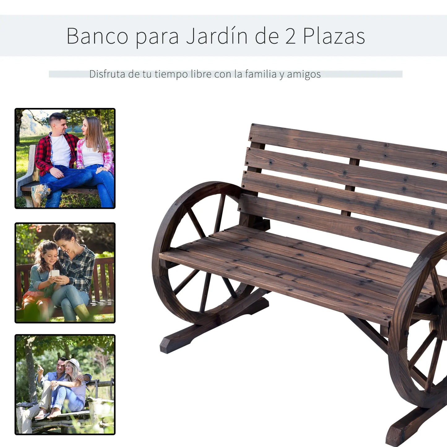 🌿 Banco de Jardín Modelo Rustico Wheel 2 Plazas Madera Diseño Rueda