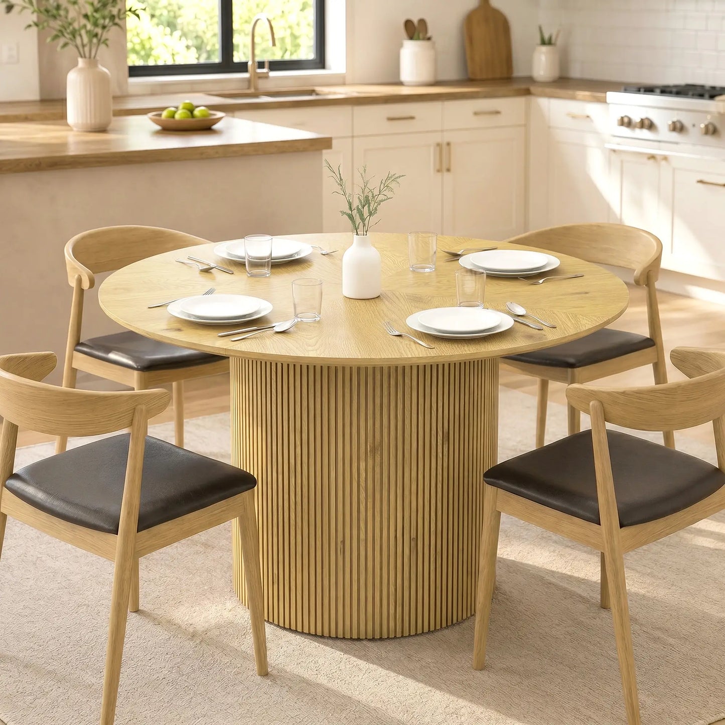 🪵 MESA DE COMEDOR REDONDA ROBLE 110 CM – DISEÑO MODERNO CON PEDESTAL ACANALADO