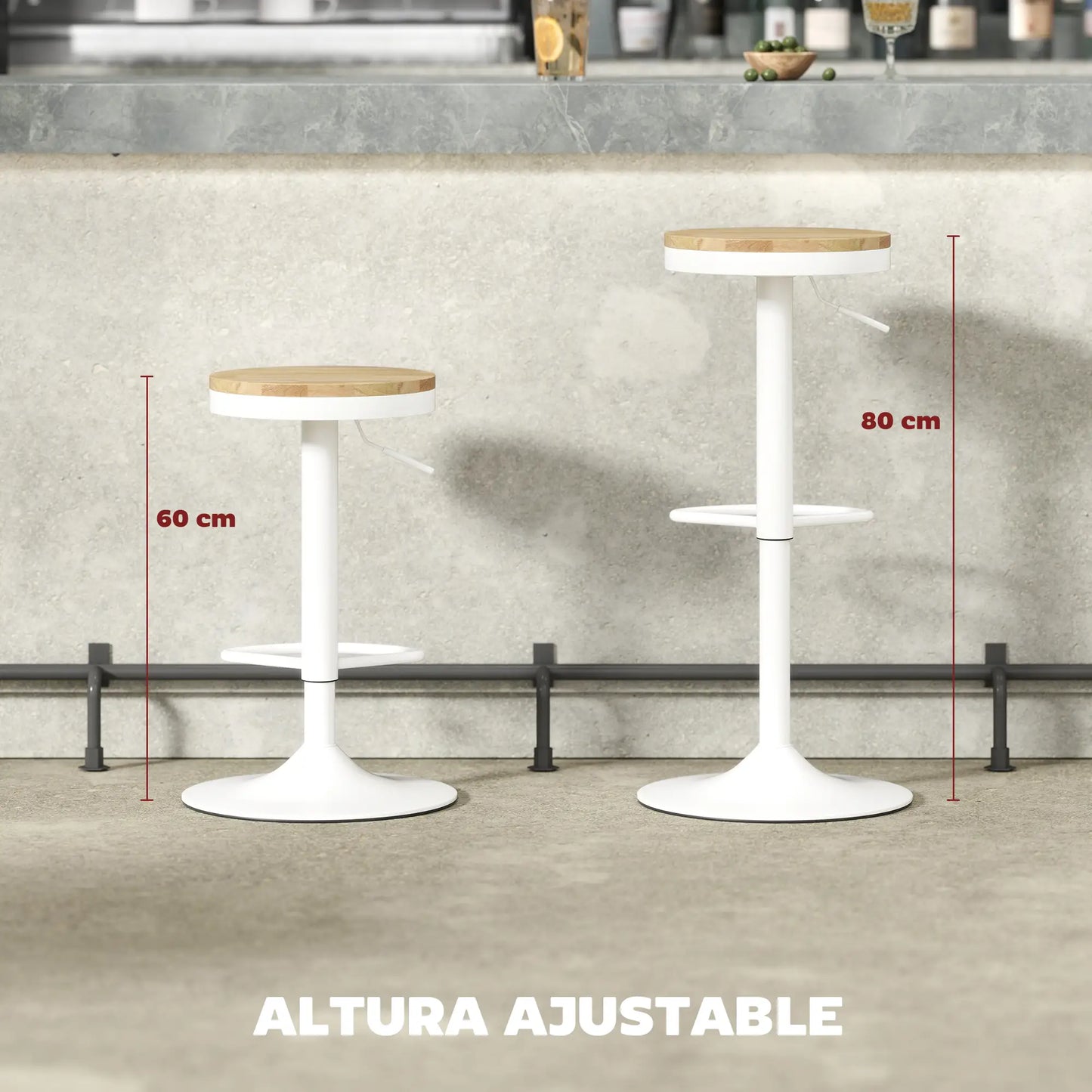 🪑 Juego de 2 Taburetes Altos de Cocina Regulables con Asiento de Madera Natural – Giratorios 360° con Base de Acero Blanca
