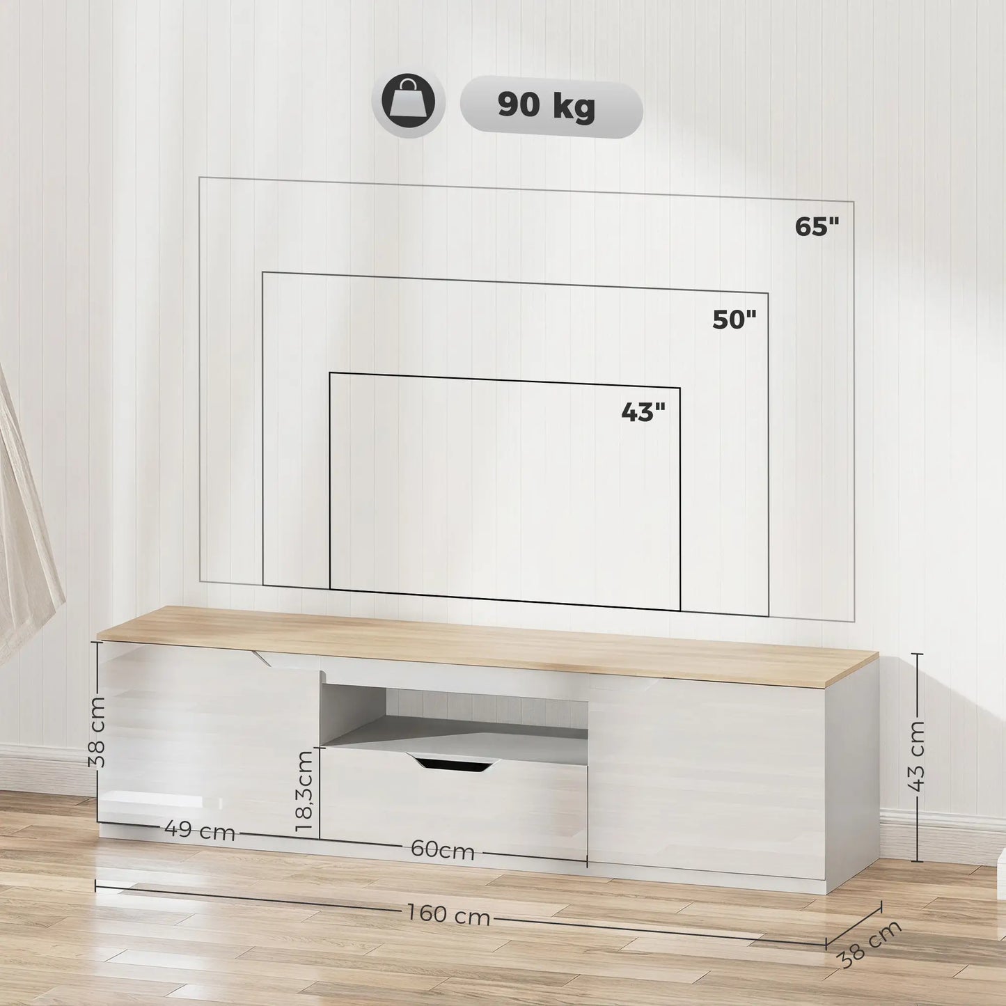 📺 MUEBLE TV “GLOSS 160” – ALTO BRILLO · 2 PUERTAS + CAJÓN + HUECO ABIERTO · HASTA 65"