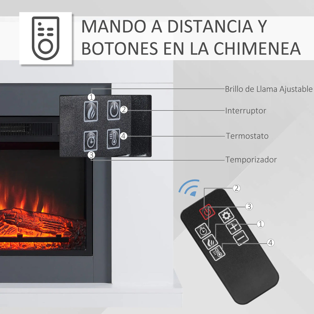 🔥 CHIMENEA ELÉCTRICA WHITE FLAME 2000 – BLANCA CON REPISA, MANDO A DISTANCIA Y LLAMA REALISTA