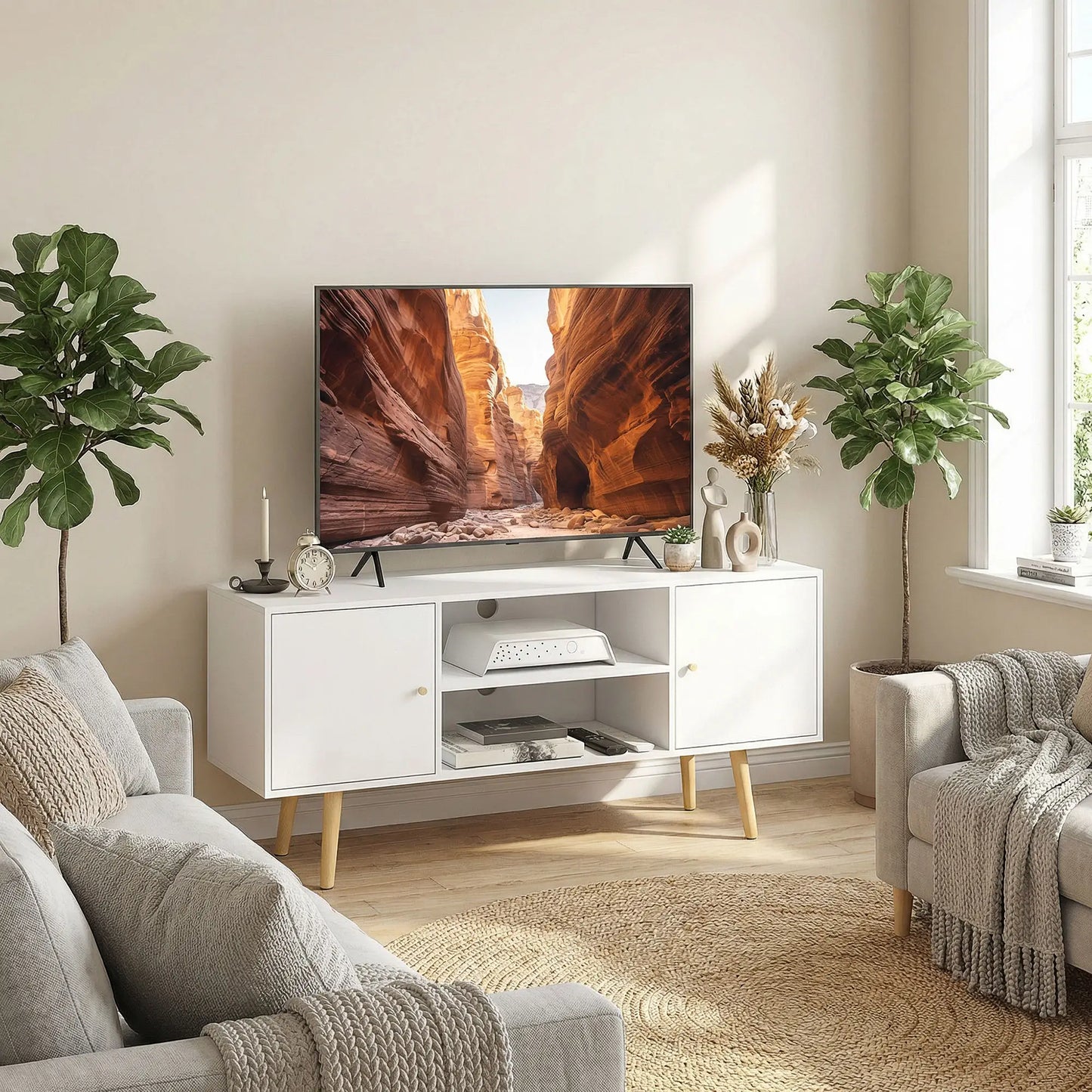 📺 MUEBLE TV “NORDIC 120” – 2 ARMARIOS + 2 ESTANTES · BLANCO Y MADERA · HASTA 55"