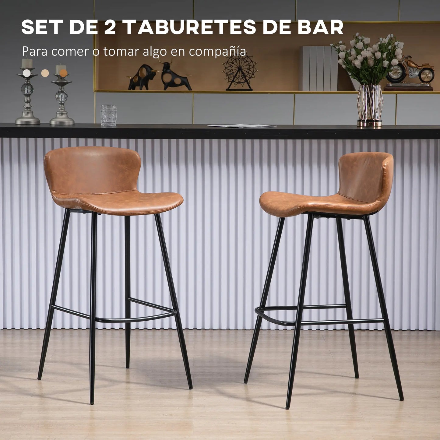 🪑 Conjunto de 2 Taburetes Altos de Cocina Vintage Tapizados en PU Marrón – Con Respaldo, Reposapiés y Estructura de Acero