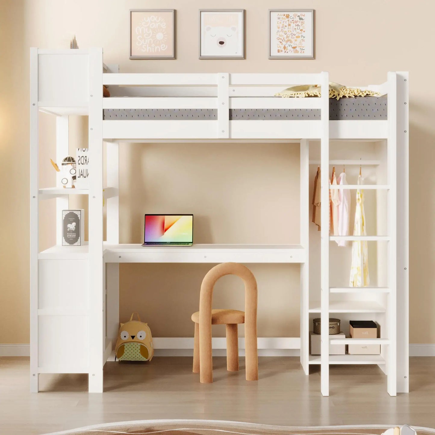 🛏️ CAMA ALTA INFANTIL 90x200 CM CON ESCRITORIO, ARMARIO Y ESTANTERÍAS – BLANCO O COLOR NATURAL