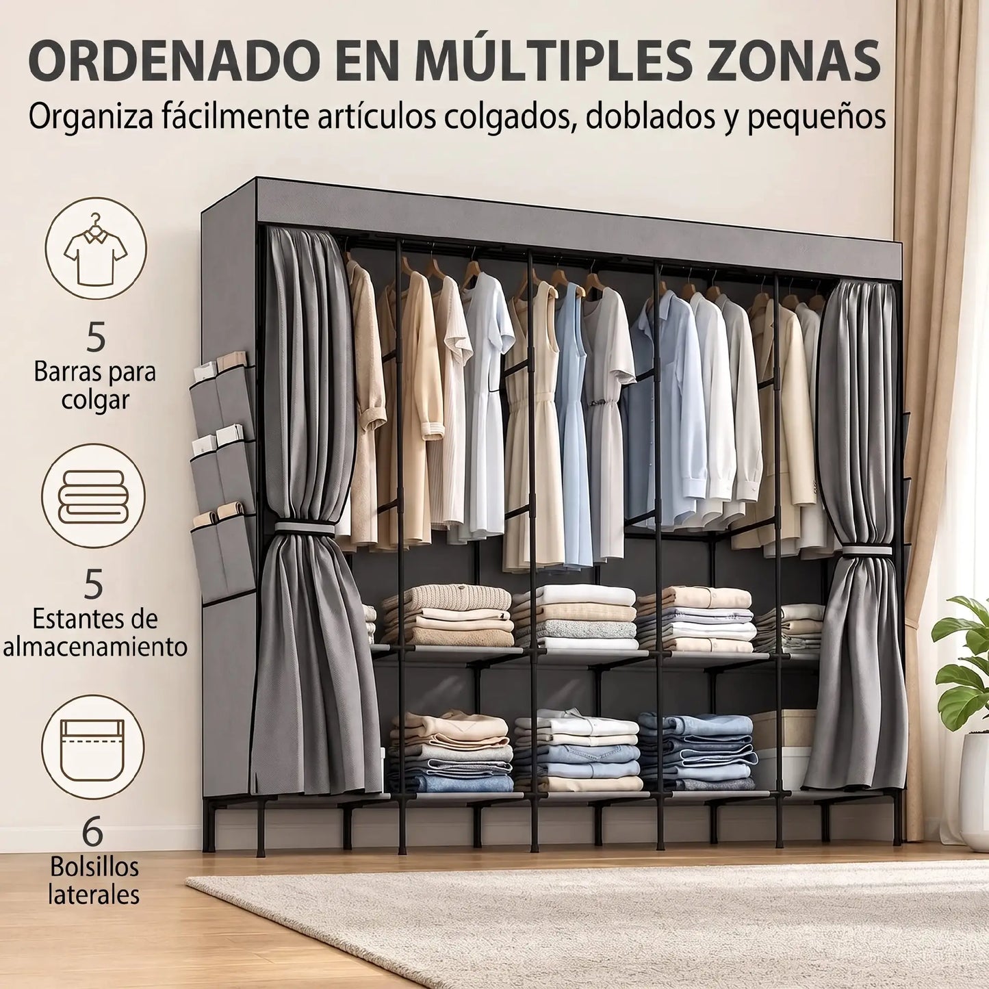👕 ARMARIO DE TELA GRANDE 212 CM CON 5 BARRAS, 5 ESTANTES Y 6 BOLSILLOS – GRIS