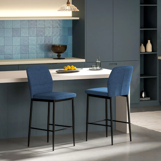 🪑 Set de 2 Taburetes Altos Tapizados en Terciopelo Azul con Patas de Acero – Diseño Moderno para Cocina, Isla o Barra