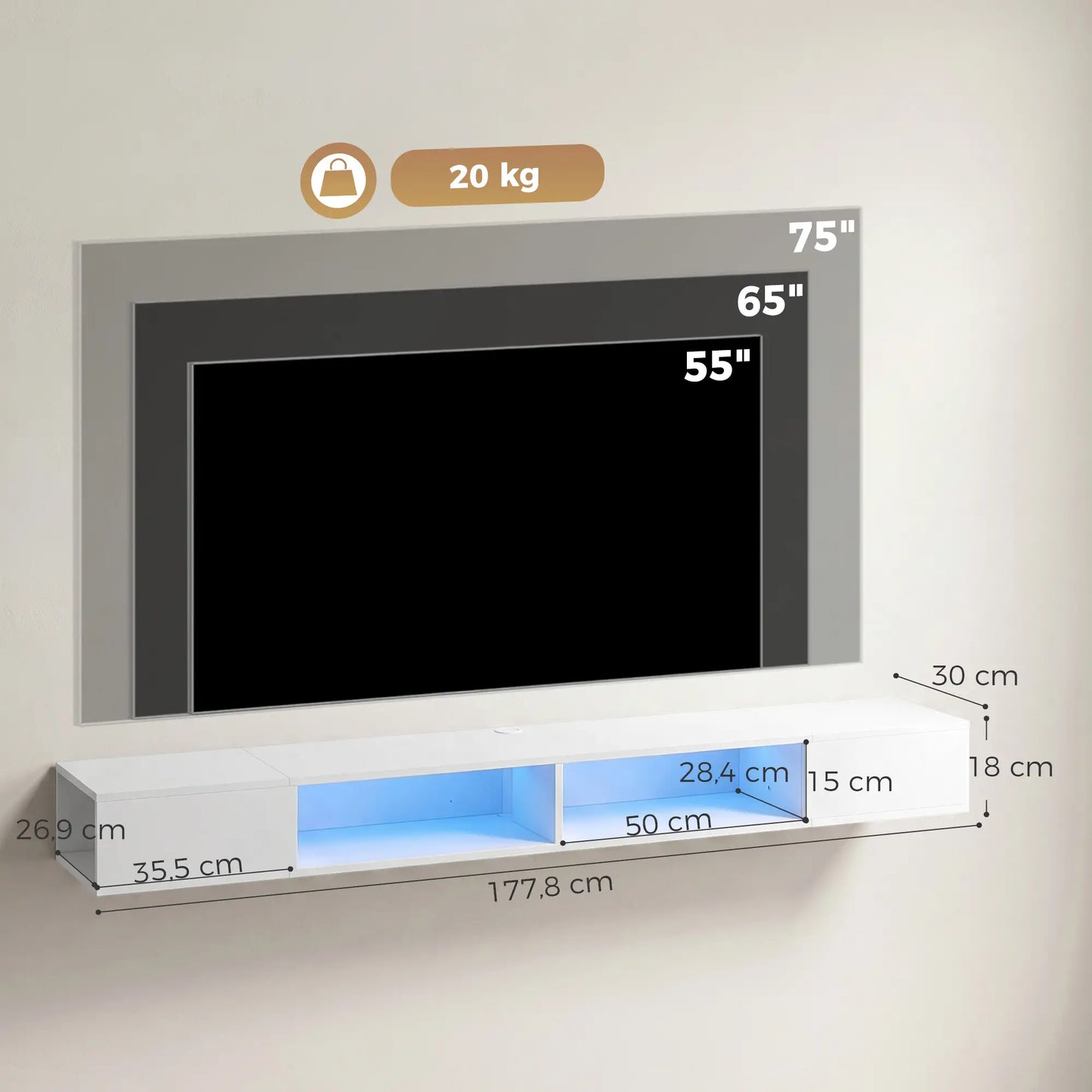 📺 MUEBLE TV SUSPENDIDO “LED FLOAT 178” – PARA TV HASTA 75" + ILUMINACIÓN RGB · BLANCO
