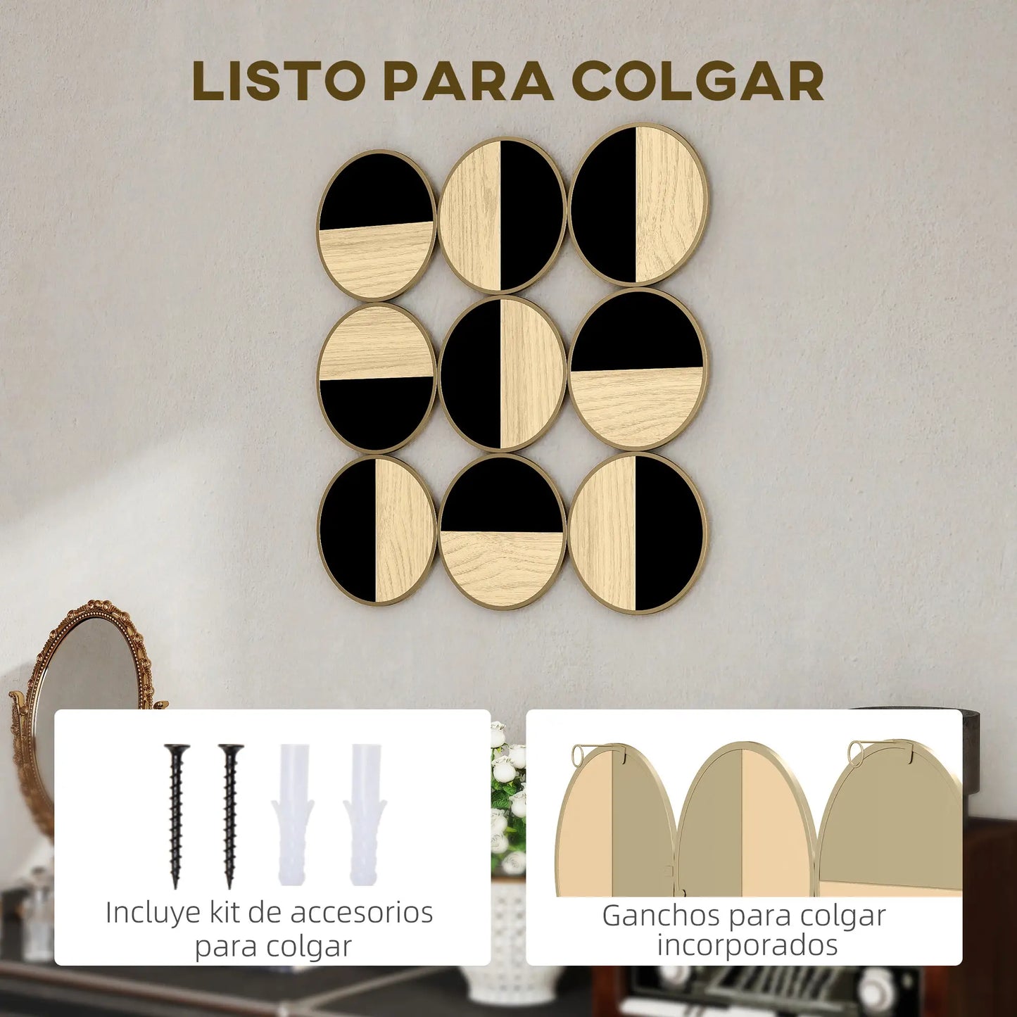 🖼️ CUADRO DECORATIVO DE PARED GEOMÉTRICO 3D 60 × 60 CM – DISEÑO MODERNO CON EFECTO MADERA, ESPEJO Y NEGRO