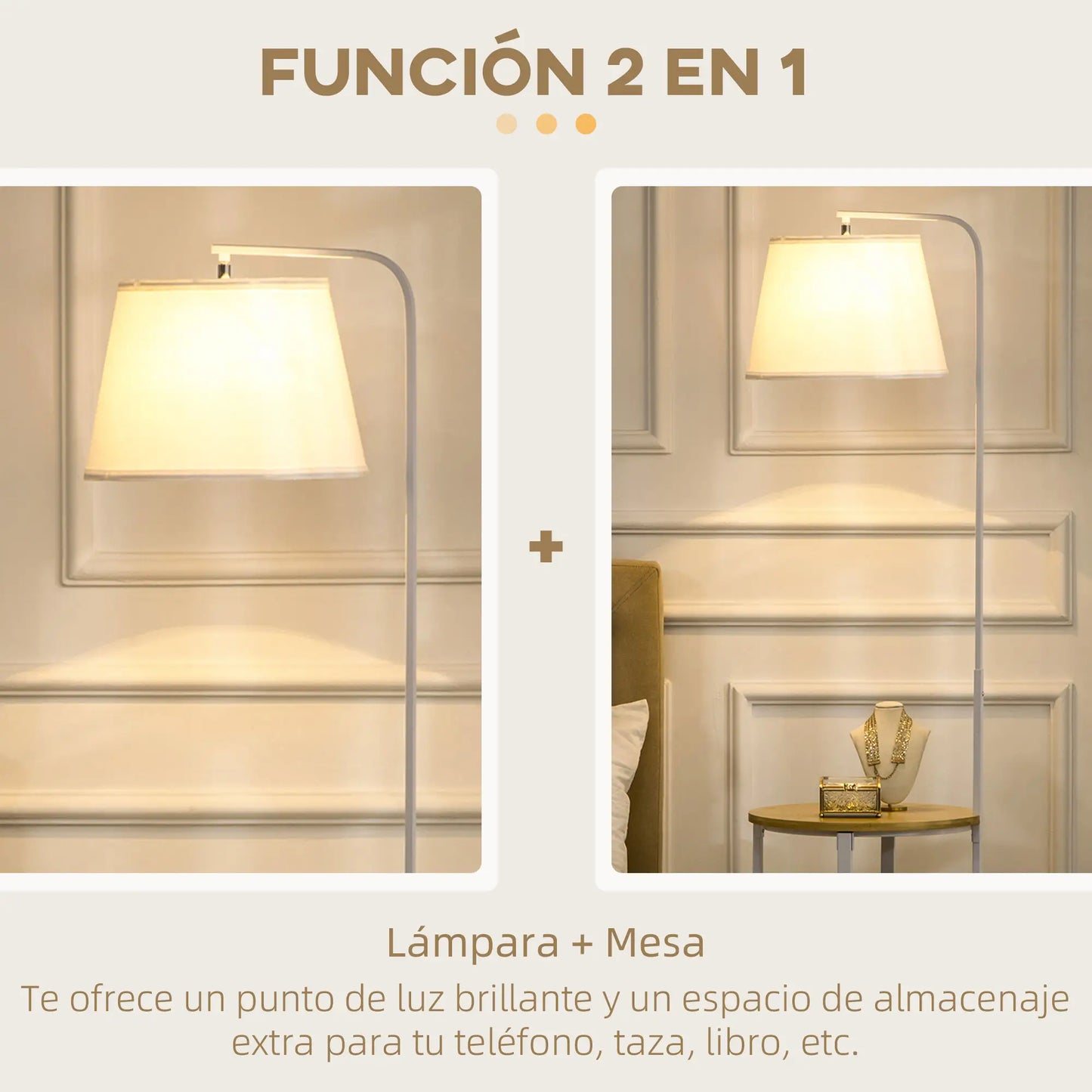 💡 Lámpara de Pie Moderna con Mesita Auxiliar de Bambú – Pantalla de Lino Blanca con 2 Estantes Integrados