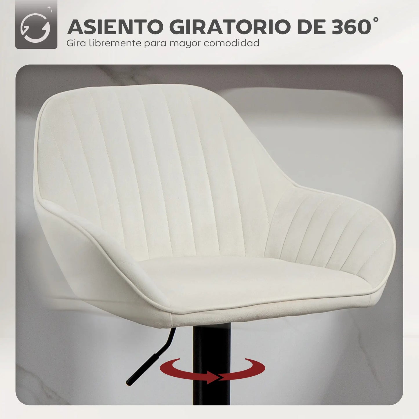 🪑 Juego de 2 Taburetes de Bar Giratorios en Terciopelo Crema – Altura Regulable, Respaldo, Reposabrazos y Reposapiés