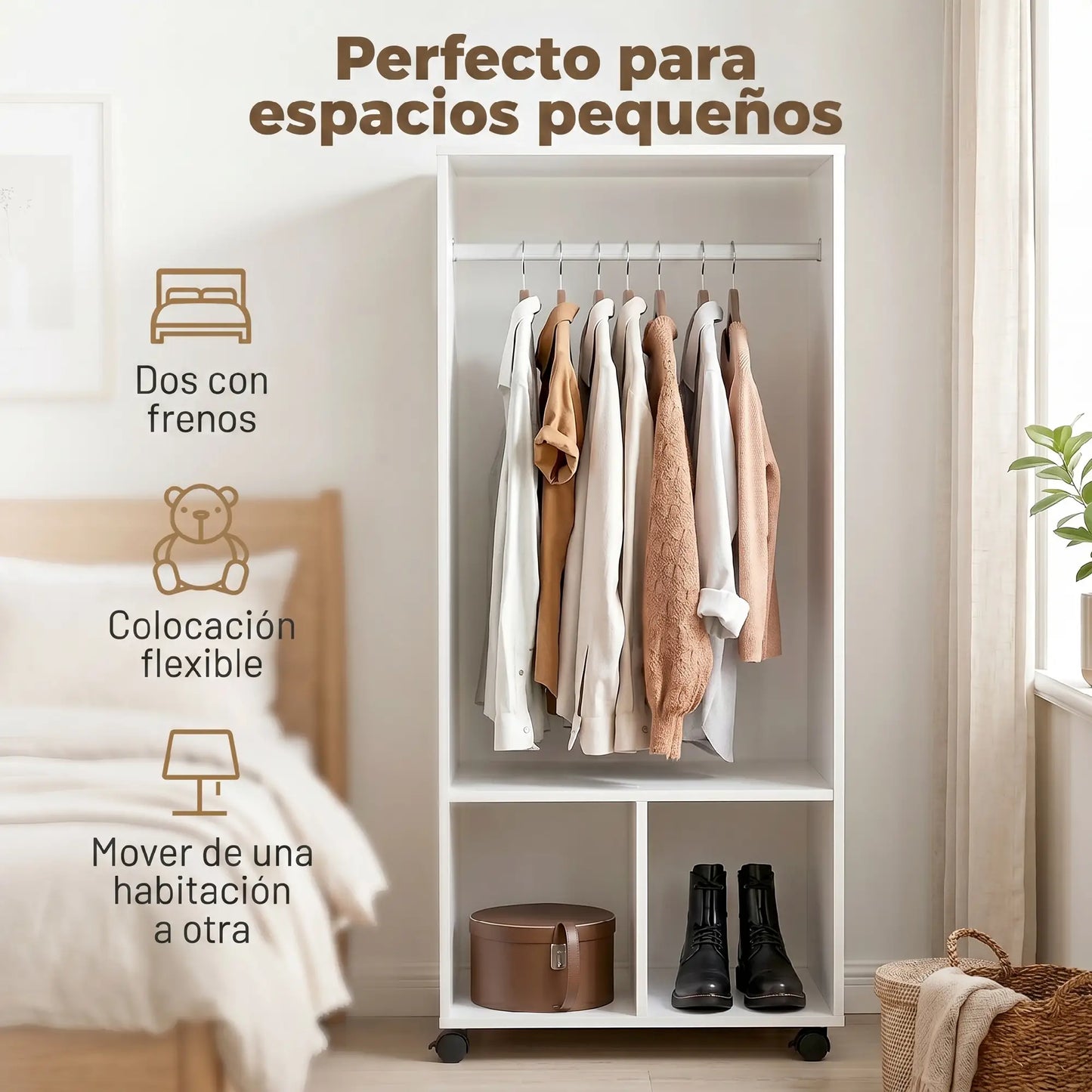 👕 ARMARIO ABIERTO CON RUEDAS 60 CM – BARRA PARA COLGAR Y ESTANTES – BLANCO Y ROBLE NATURAL