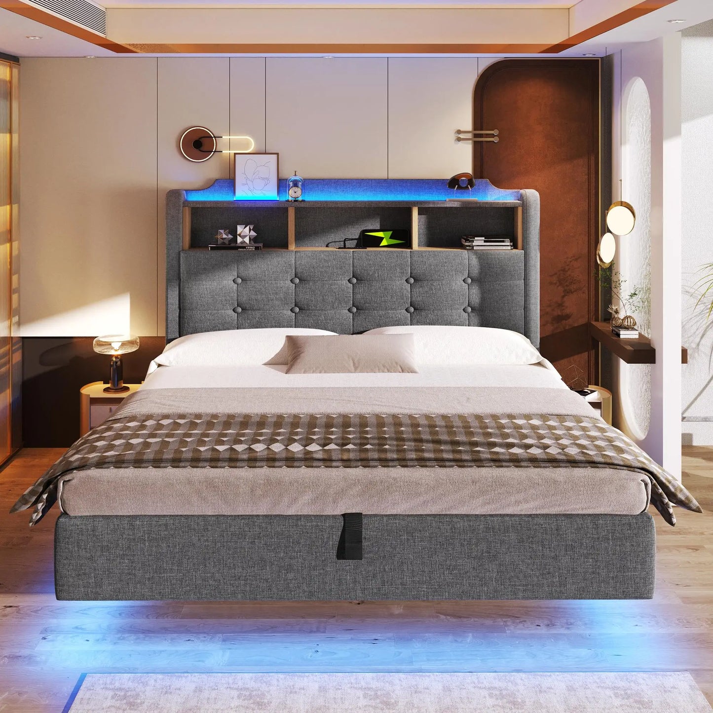 🛏️ CAMA TAPIZADA FLOTANTE 140 × 200 CM CON LED, USB Y ARCÓN HIDRÁULICO | GRIS Y BEIGE | JAM MUEBLES