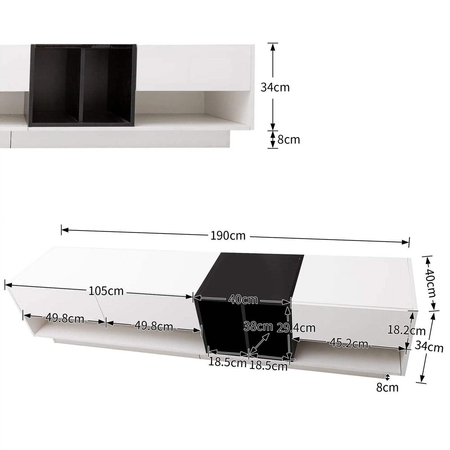 🖤🤍 MUEBLE TV “CONTRAST 190” – BLANCO Y NEGRO BRILLO · 3 CAJONES + 2 COMPARTIMENTOS · 190 CM