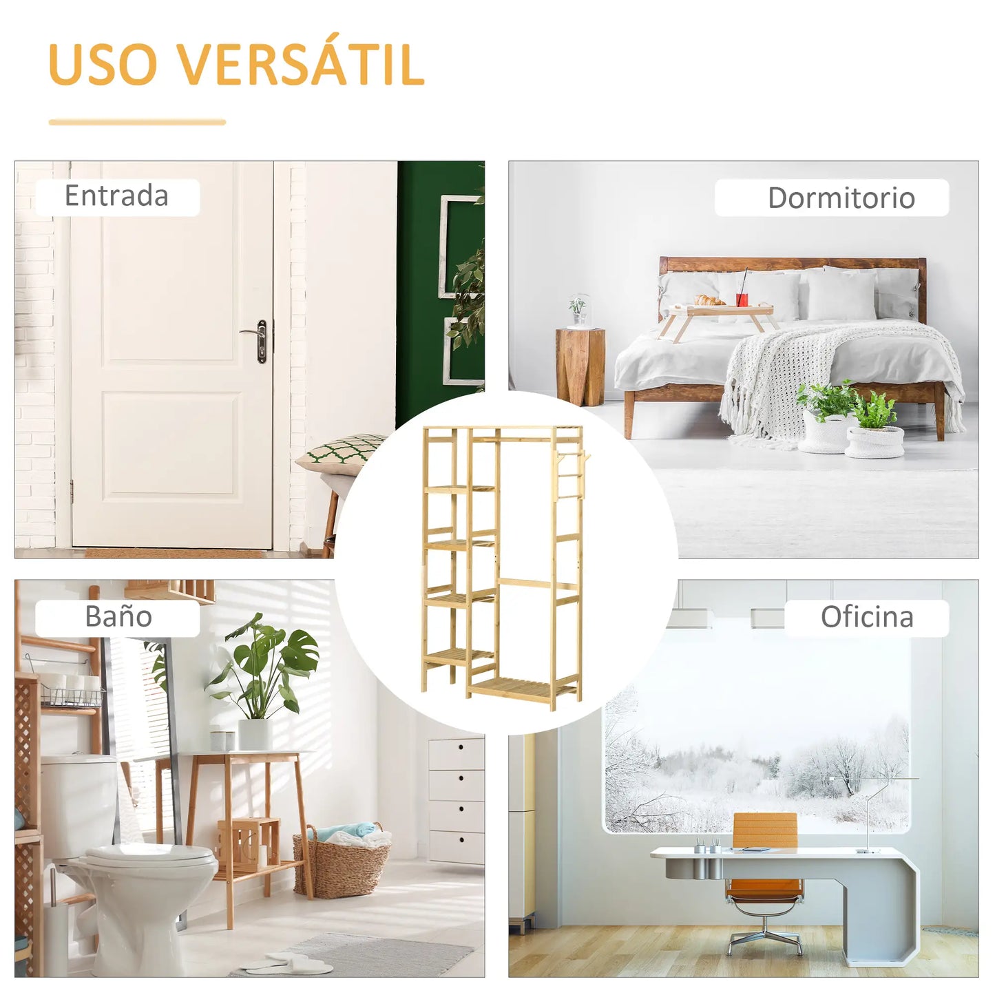 👕 PERCHERO BURRO DE BAMBÚ 90 CM CON BARRA, ESTANTES Y GANCHOS – MADERA NATURAL
