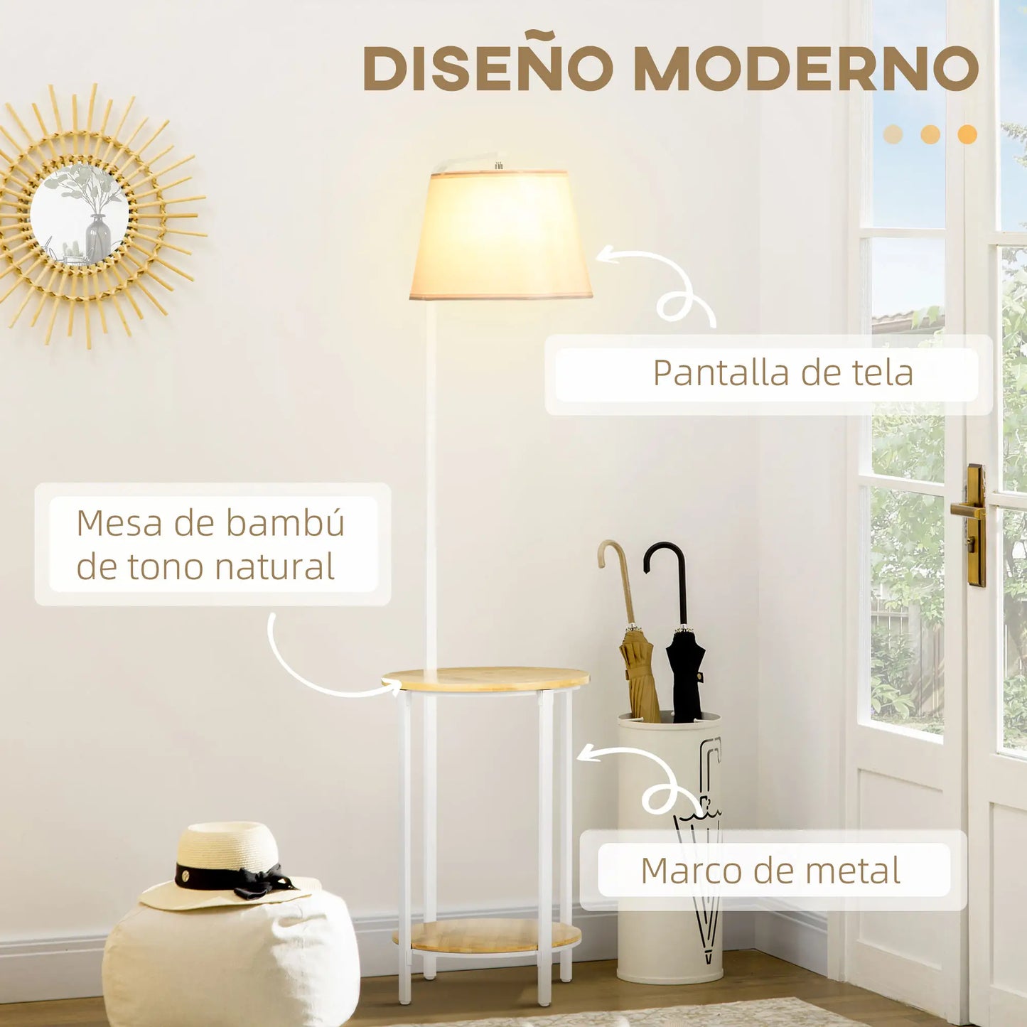 💡 Lámpara de Pie Moderna con Mesita Auxiliar de Bambú – Pantalla de Lino Blanca con 2 Estantes Integrados