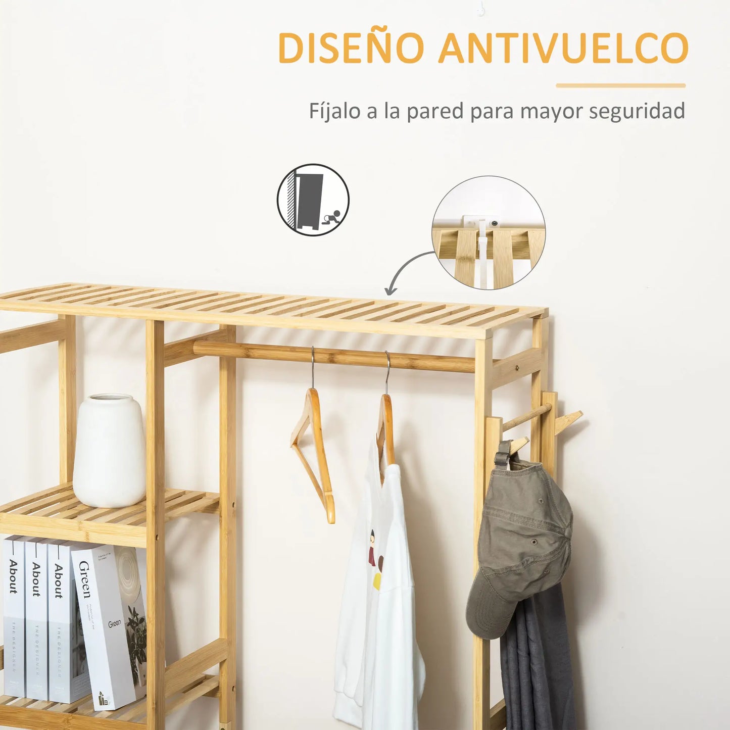 👕 PERCHERO BURRO DE BAMBÚ 90 CM CON BARRA, ESTANTES Y GANCHOS – MADERA NATURAL