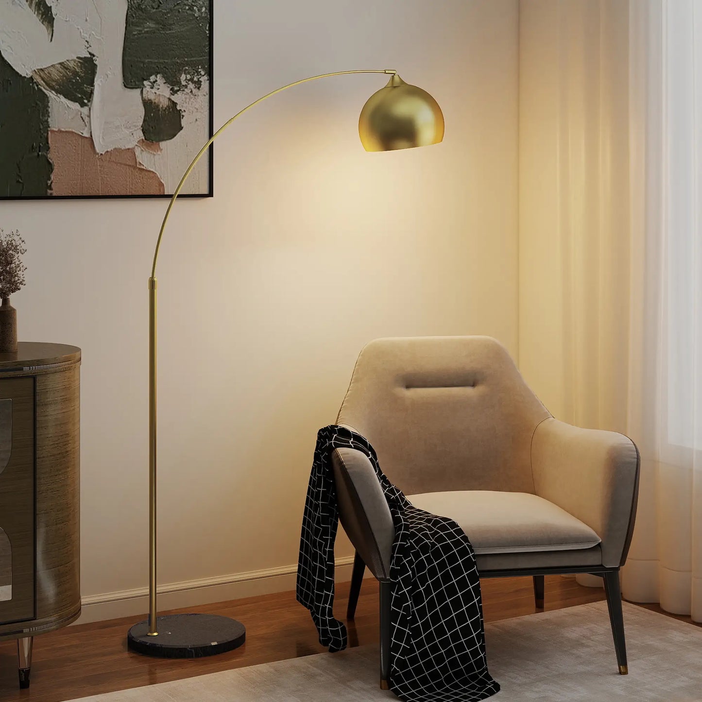 💡 Lámpara de Pie Arco Moderna Ajustable – Diseño Dorado con Base de Mármol y Portalámparas E27