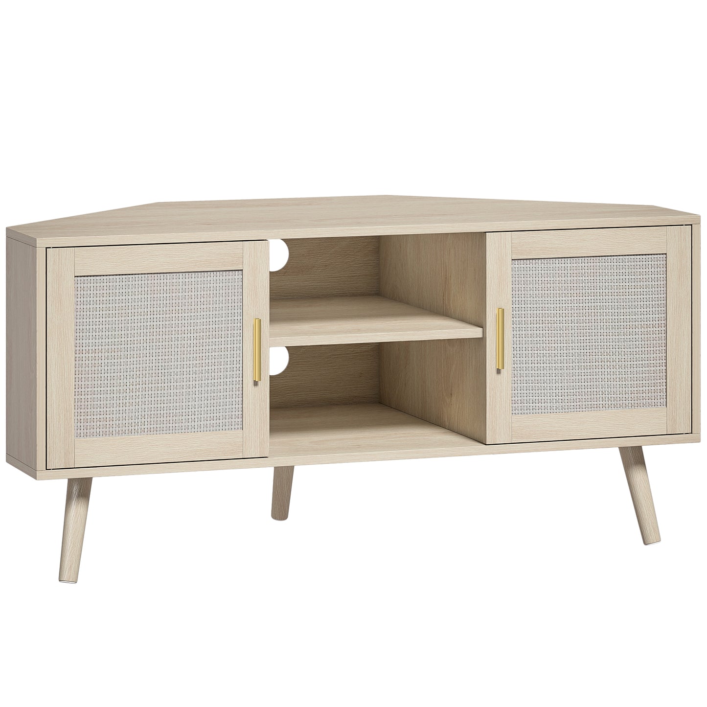📺 MUEBLE TV DE ESQUINA “RATTAN CORNER 115” – ROBLE + RATÁN · 2 ARMARIOS + 2 ESTANTES · HASTA 65"
