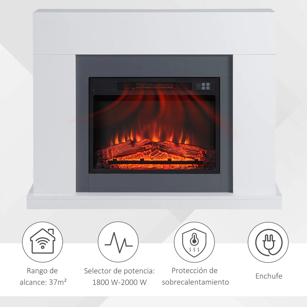 🔥 CHIMENEA ELÉCTRICA WHITE FLAME 2000 – BLANCA CON REPISA, MANDO A DISTANCIA Y LLAMA REALISTA