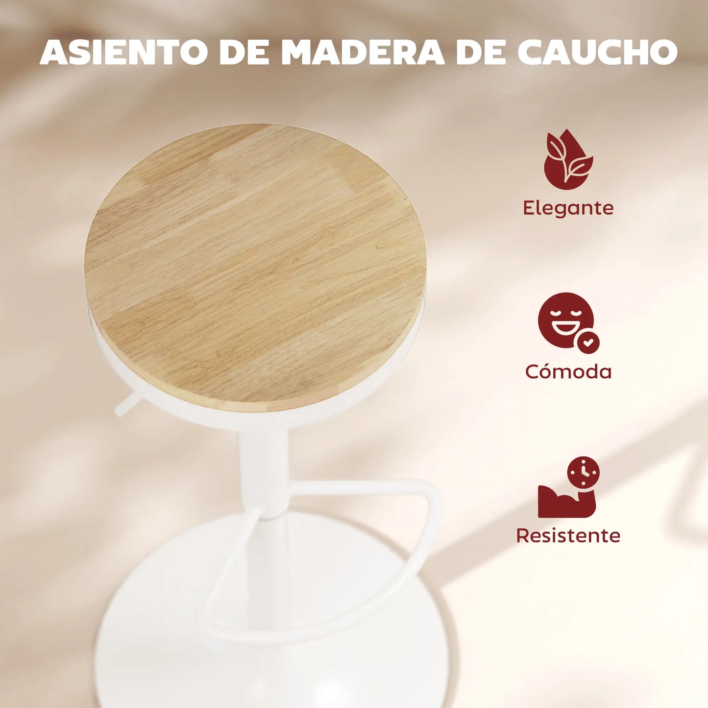 🪑 Juego de 2 Taburetes Altos de Cocina Regulables con Asiento de Madera Natural – Giratorios 360° con Base de Acero Blanca