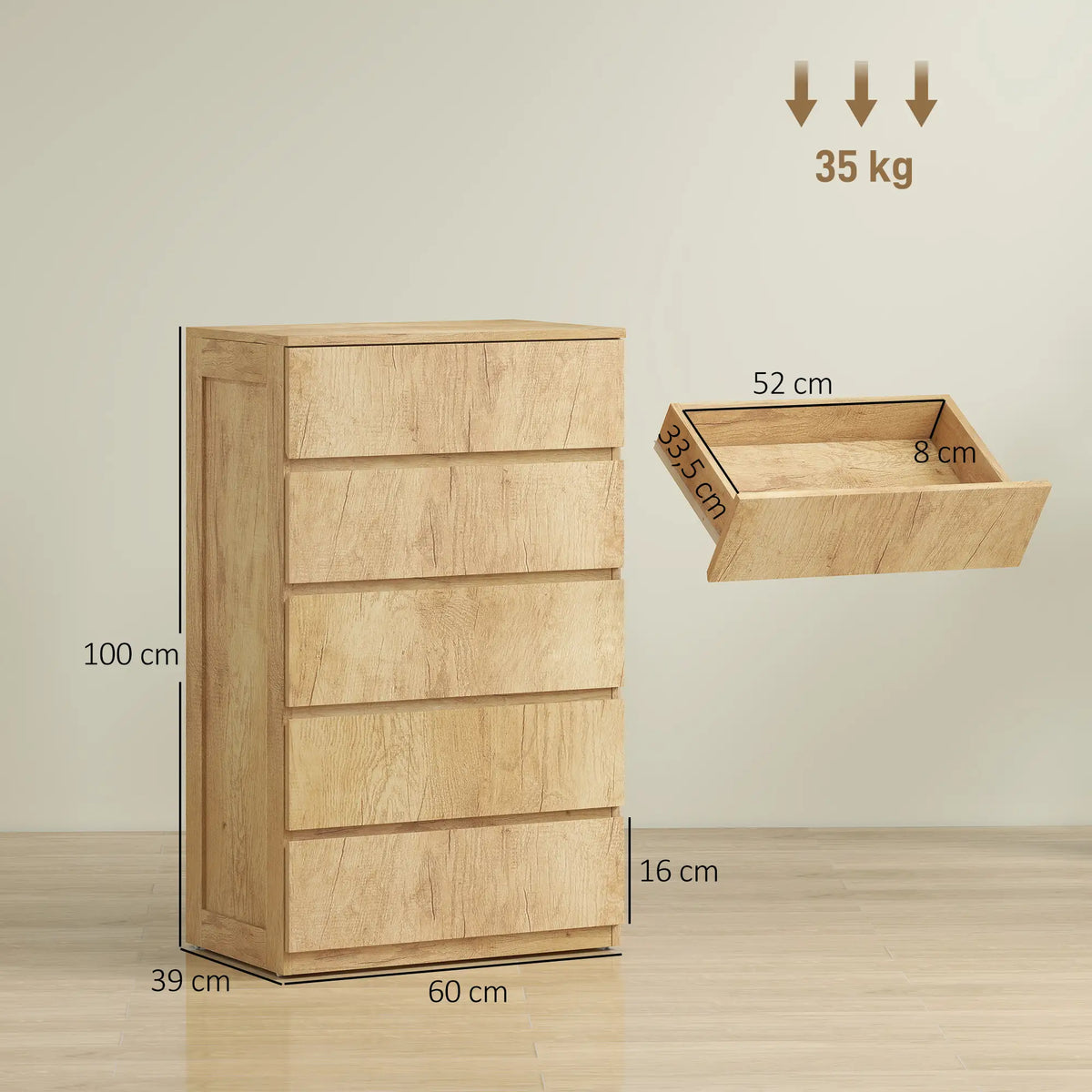 🌿 CÓMODA NATURA FIVE 5C – 5 CAJONES EN MADERA NATURAL SIN TIRADORES