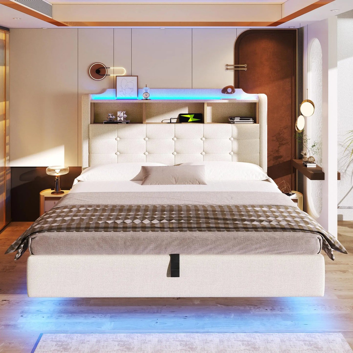 🛏️ CAMA TAPIZADA FLOTANTE 140 × 200 CM CON LED, USB Y ARCÓN HIDRÁULICO | GRIS Y BEIGE | JAM MUEBLES