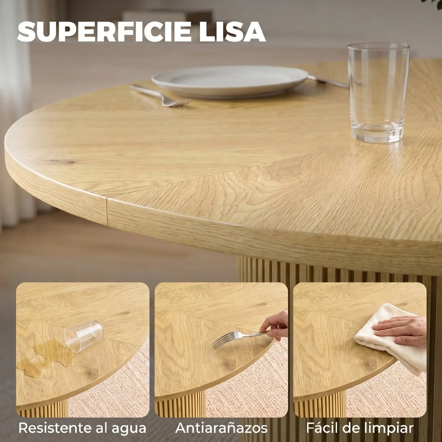 🪵 MESA DE COMEDOR REDONDA ROBLE 110 CM – DISEÑO MODERNO CON PEDESTAL ACANALADO