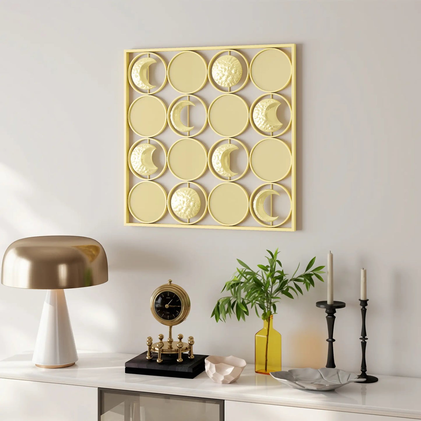 🌙 CUADRO DECORATIVO DE METAL FASES LUNARES – DECORACIÓN DE PARED DORADA 67,9 × 67,9 CM