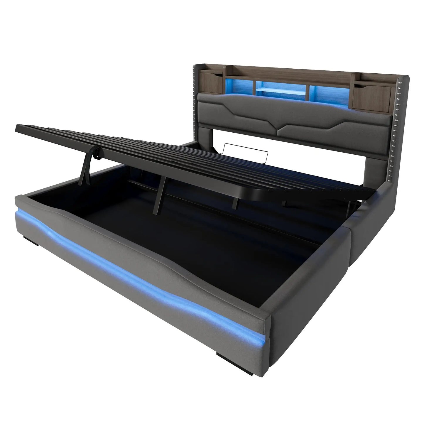 🛏️ CAMA TAPIZADA 180x200 CM CON CANAPÉ ABATIBLE HIDRÁULICO, LED Y USB – GRIS