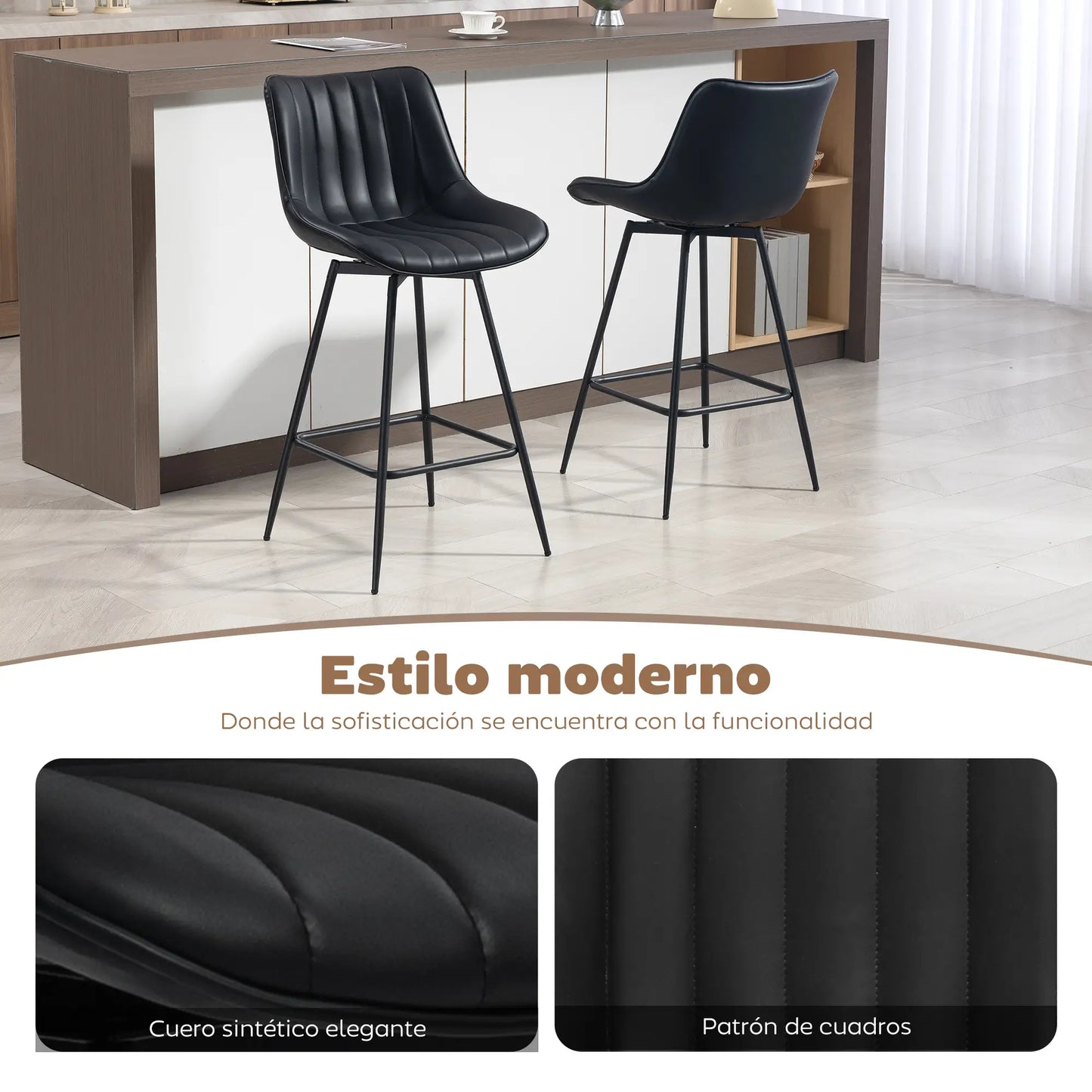🪑 Juego de 2 Taburetes de Bar Giratorios 360° con Respaldo y Reposapiés – Tapizados en Cuero Sintético Blanco o Negro