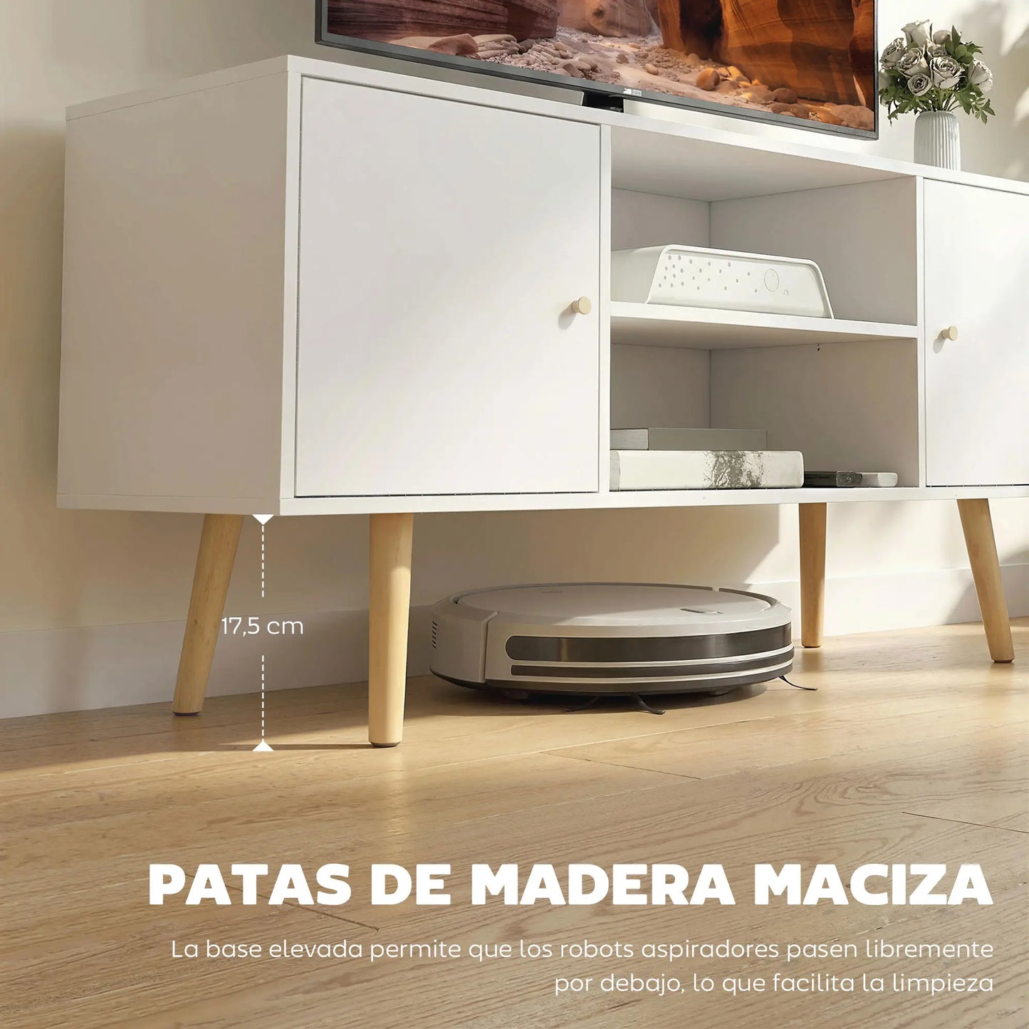 📺 MUEBLE TV “NORDIC 120” – 2 ARMARIOS + 2 ESTANTES · BLANCO Y MADERA · HASTA 55"