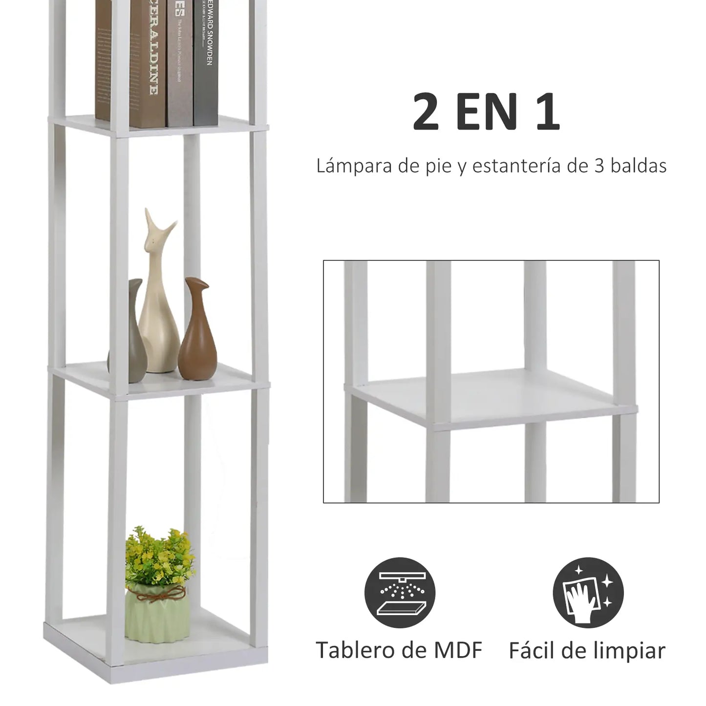 💡 Lámpara de Pie con Estantería de 3 Baldas – Moderna con Pantalla de Acrílico Color Blanco