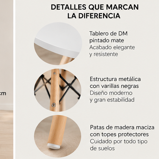 🍽️ MESA DE COMEDOR DINAMARCA REDONDA – BLANCA O NEGRA CON PATAS DE MADERA MACIZA Y ESTRUCTURA METÁLICA