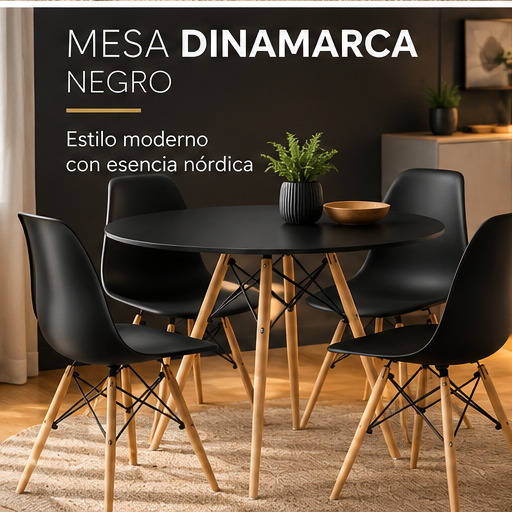 🍽️ MESA DE COMEDOR DINAMARCA REDONDA – BLANCA O NEGRA CON PATAS DE MADERA MACIZA Y ESTRUCTURA METÁLICA
