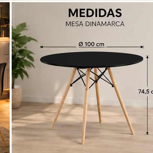 🍽️ MESA DE COMEDOR DINAMARCA REDONDA – BLANCA O NEGRA CON PATAS DE MADERA MACIZA Y ESTRUCTURA METÁLICA