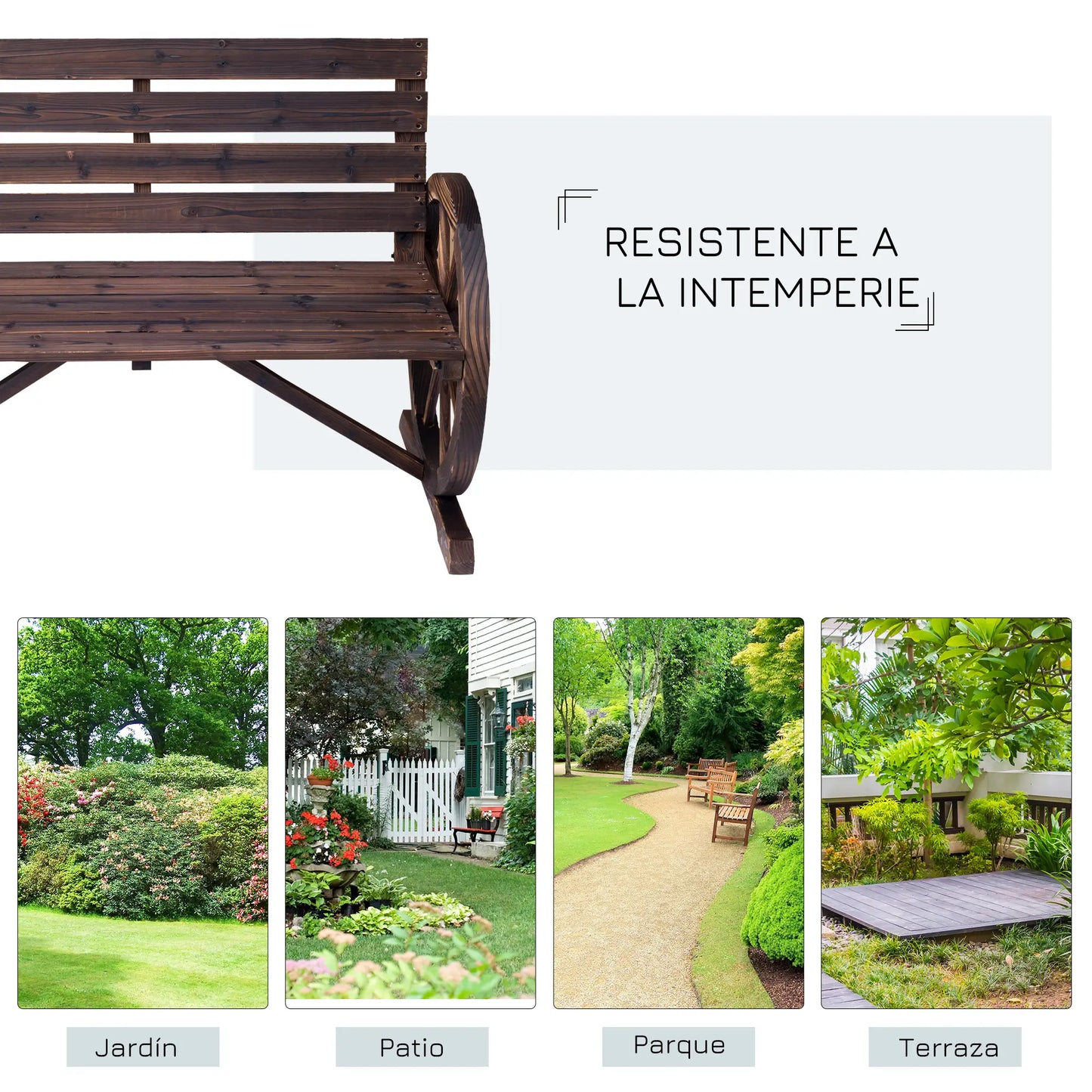 🌿 Banco de Jardín Modelo Rustico Wheel 2 Plazas Madera Diseño Rueda
