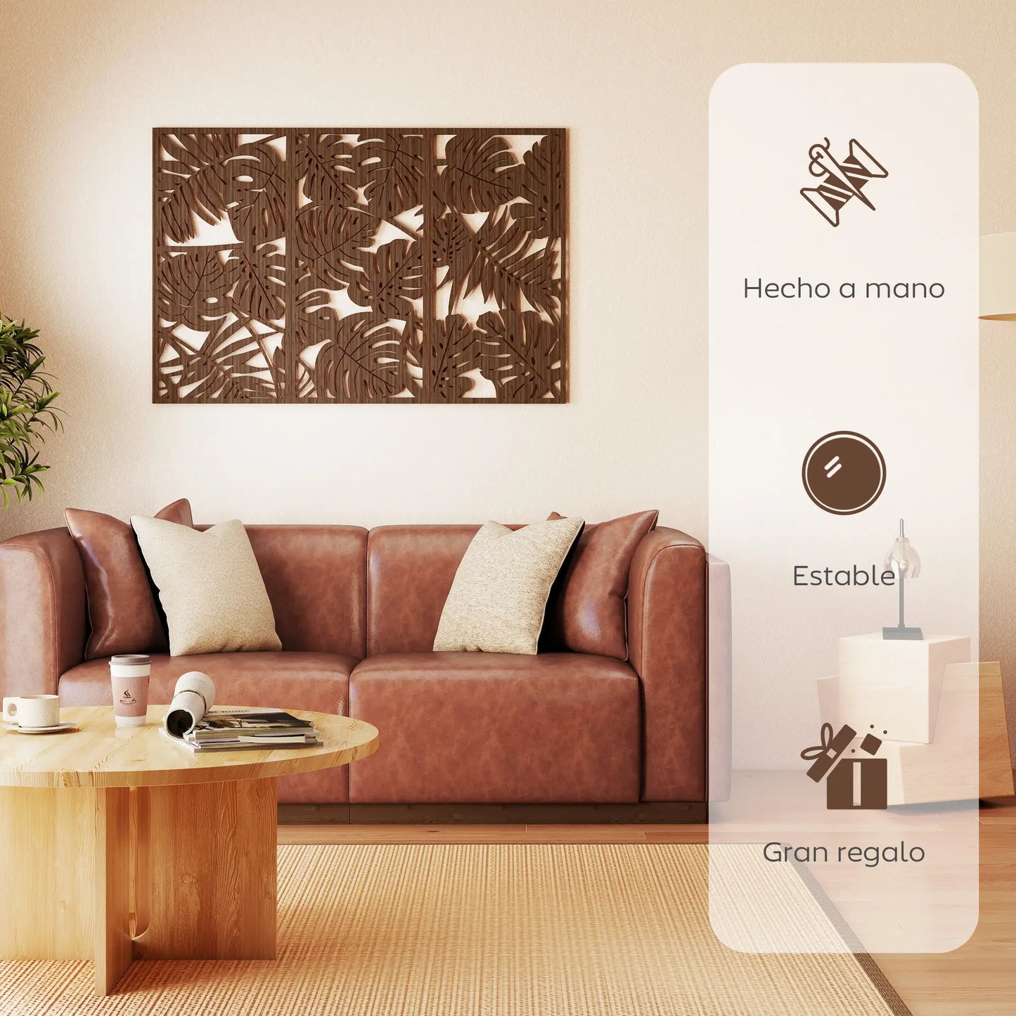🖼️ CUADROS DECORATIVOS 3D DE PARED 3 PIEZAS 40 × 80 CM – DISEÑO DE HOJAS TROPICALES EN ACABADO NOGAL