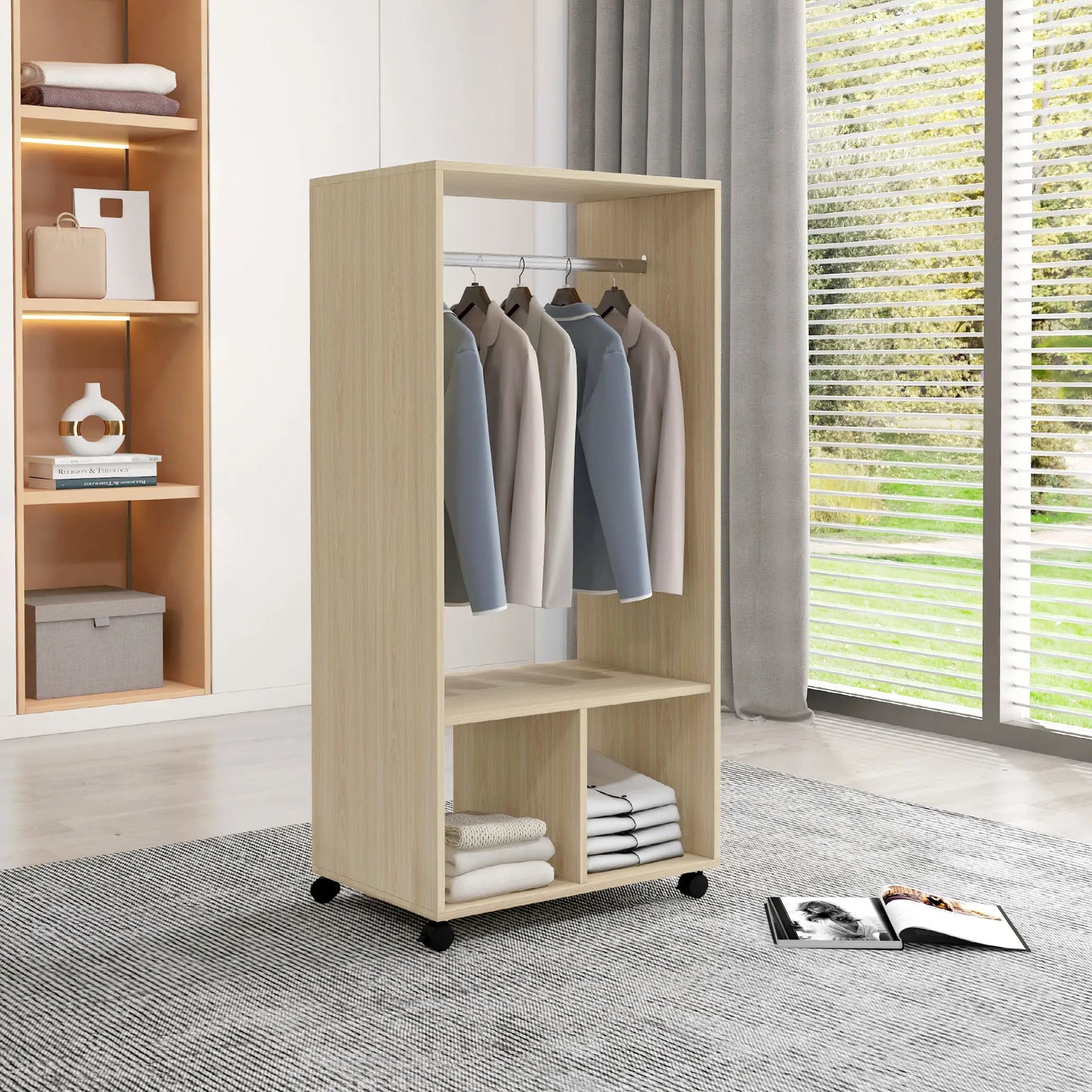👕 ARMARIO ABIERTO CON RUEDAS 60 CM – BARRA PARA COLGAR Y ESTANTES – BLANCO Y ROBLE NATURAL