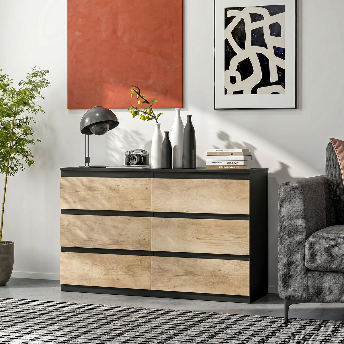 🖤 CÓMODA OAK BLACK 6C – 6 CAJONES NEGRO Y ROBLE SIN TIRADORES 120 CM