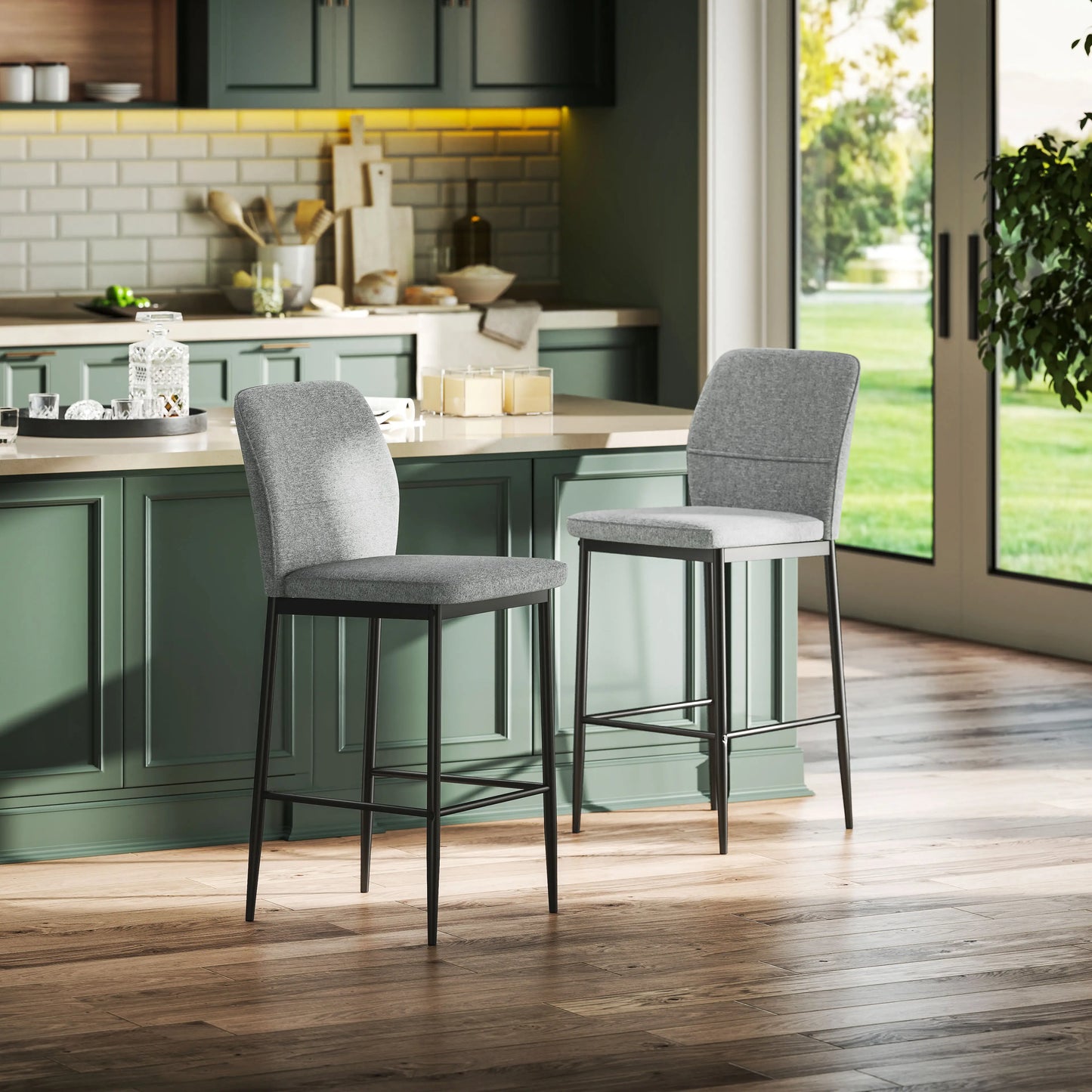 🪑 Set de 2 Taburetes Altos Tapizados en Terciopelo Gris con Patas de Acero – Diseño Moderno para Cocina, Barra o Comedor