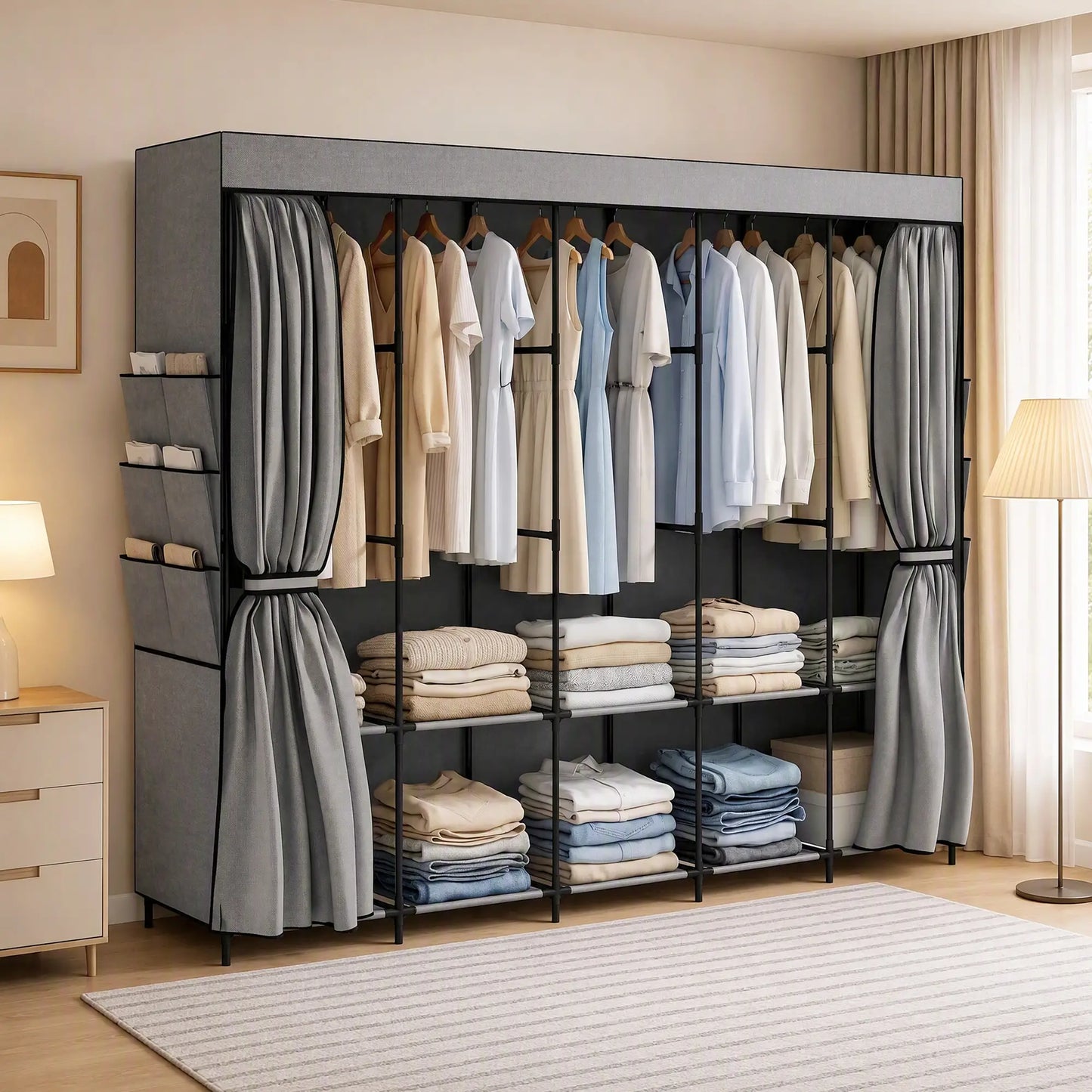 👕 ARMARIO DE TELA GRANDE 212 CM CON 5 BARRAS, 5 ESTANTES Y 6 BOLSILLOS – GRIS