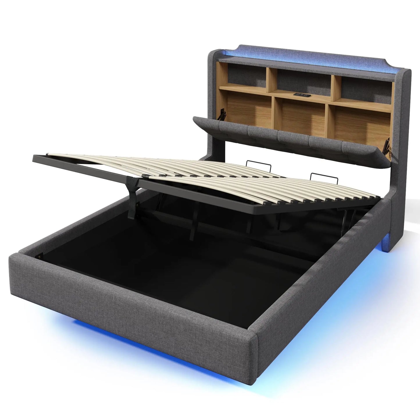 🛏️ CAMA TAPIZADA FLOTANTE 140 × 200 CM CON LED, USB Y ARCÓN HIDRÁULICO | GRIS Y BEIGE | JAM MUEBLES
