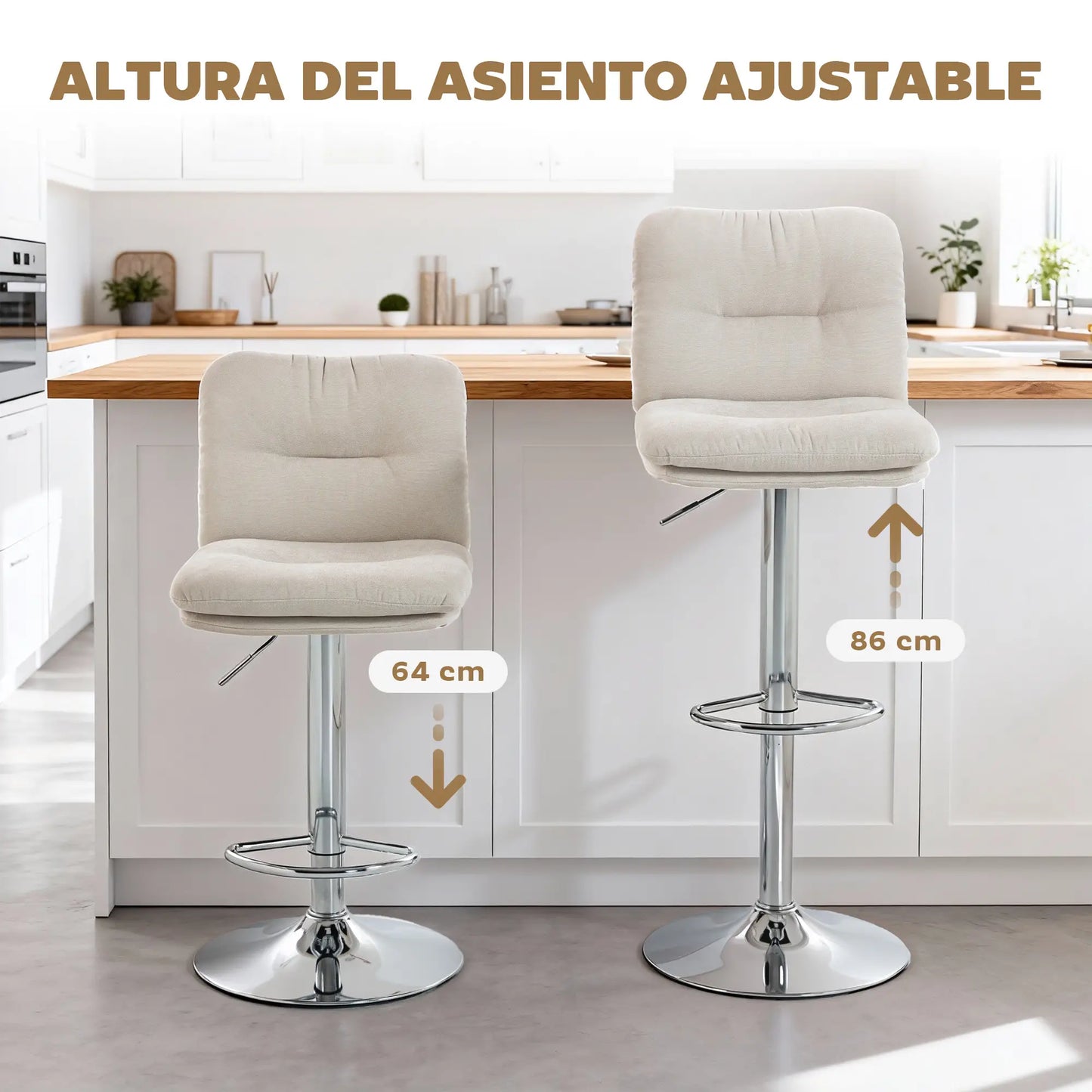 🪑 Juego de 2 Taburetes Altos de Cocina Giratorios con Altura Ajustable – Tapizados en Tela Beige con Respaldo y Reposapiés