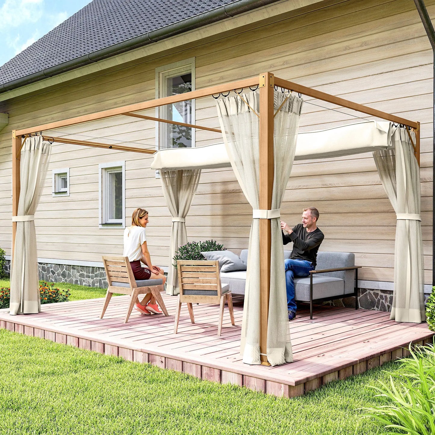 🌿 PÉRGOLA DE JARDÍN “NATURSHADE” 4x3m – RETRÁCTIL CON MOSQUITERAS Y EFECTO MADERA